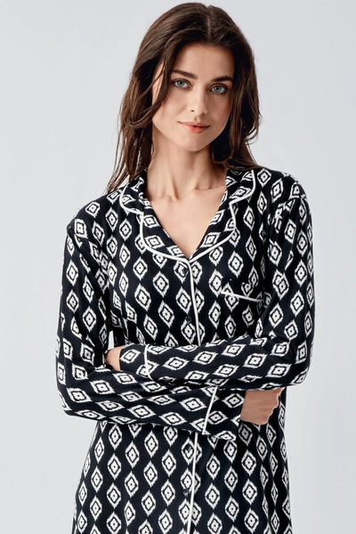 Long Sleeve Patterned Buttoned Flexible Lycra Viscose Pajama Set 22101