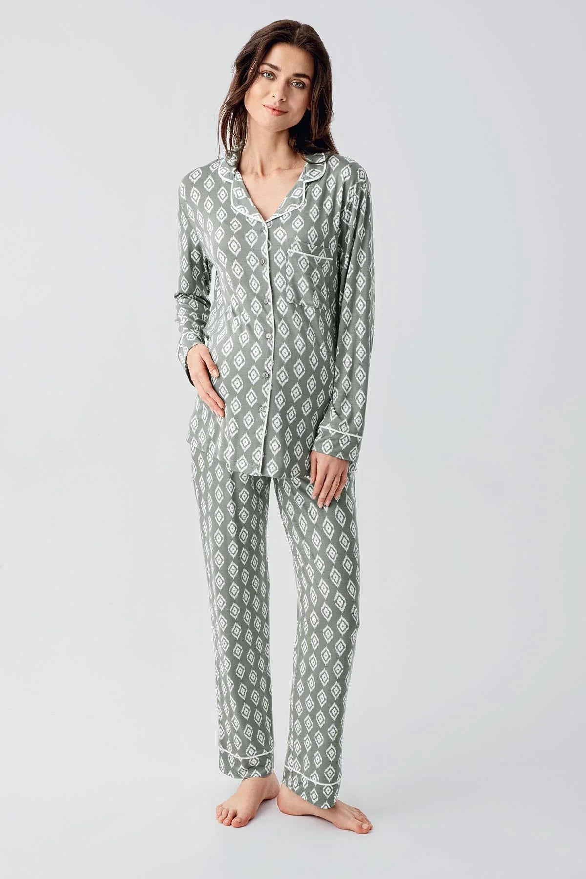 Long Sleeve Patterned Buttoned Flexible Lycra Viscose Pajama Set 22101