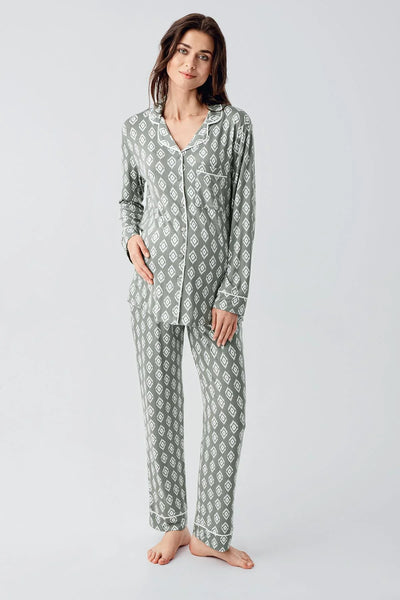 Long Sleeve Patterned Buttoned Flexible Lycra Viscose Pajama Set 22101