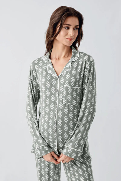 Long Sleeve Patterned Buttoned Flexible Lycra Viscose Pajama Set 22101