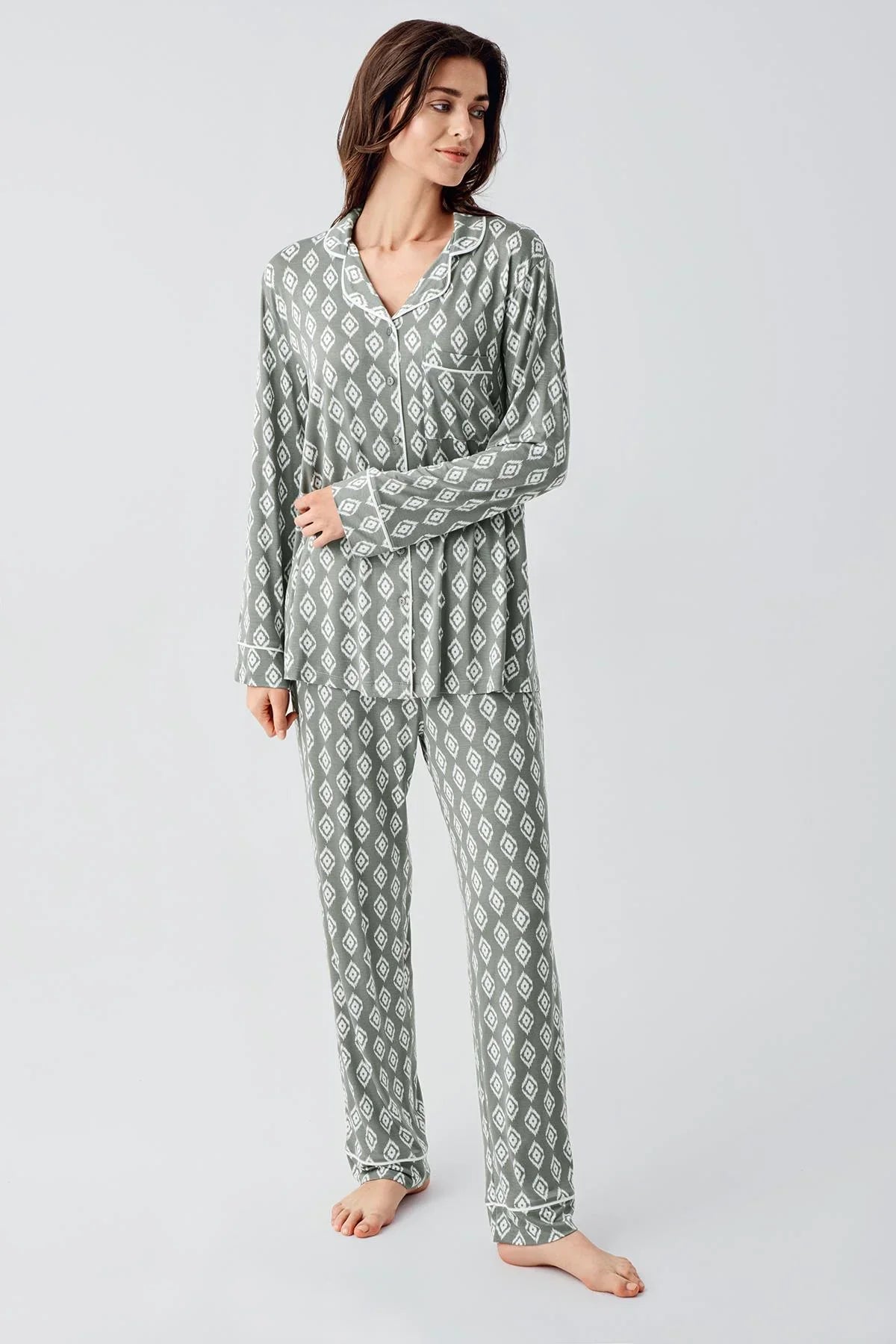 Long Sleeve Patterned Buttoned Flexible Lycra Viscose Pajama Set 22101