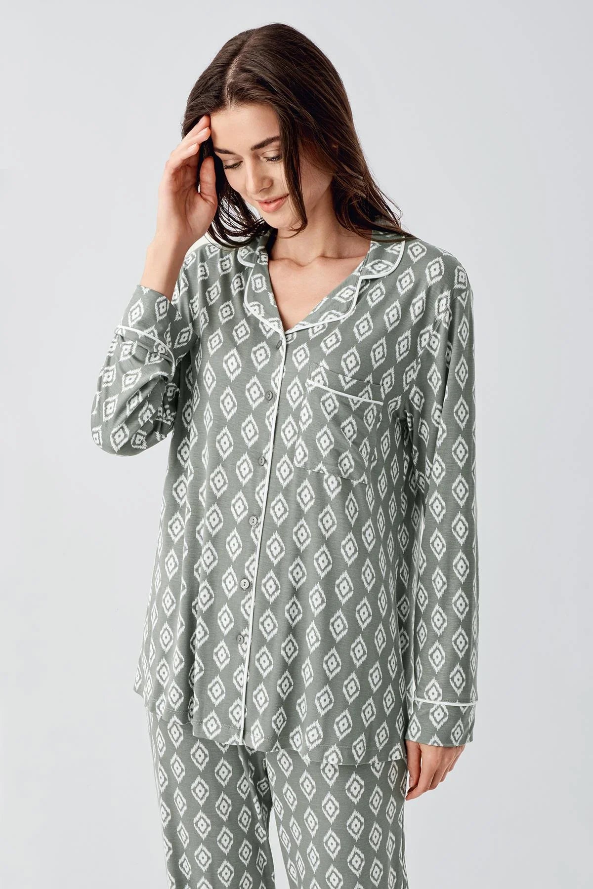 Long Sleeve Patterned Buttoned Flexible Lycra Viscose Pajama Set 22101