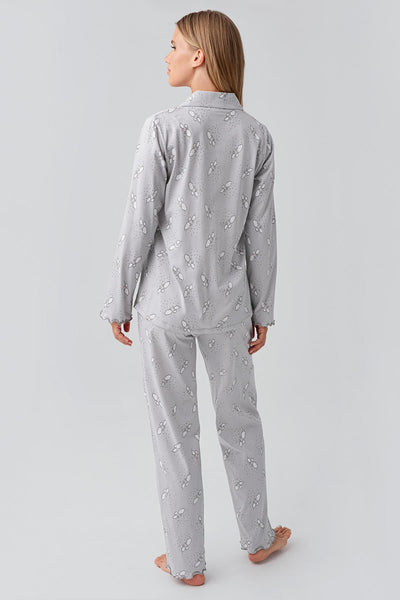 Long Sleeve Patterned Buttoned Flexible Cotton Maternity Pajama Set 18200