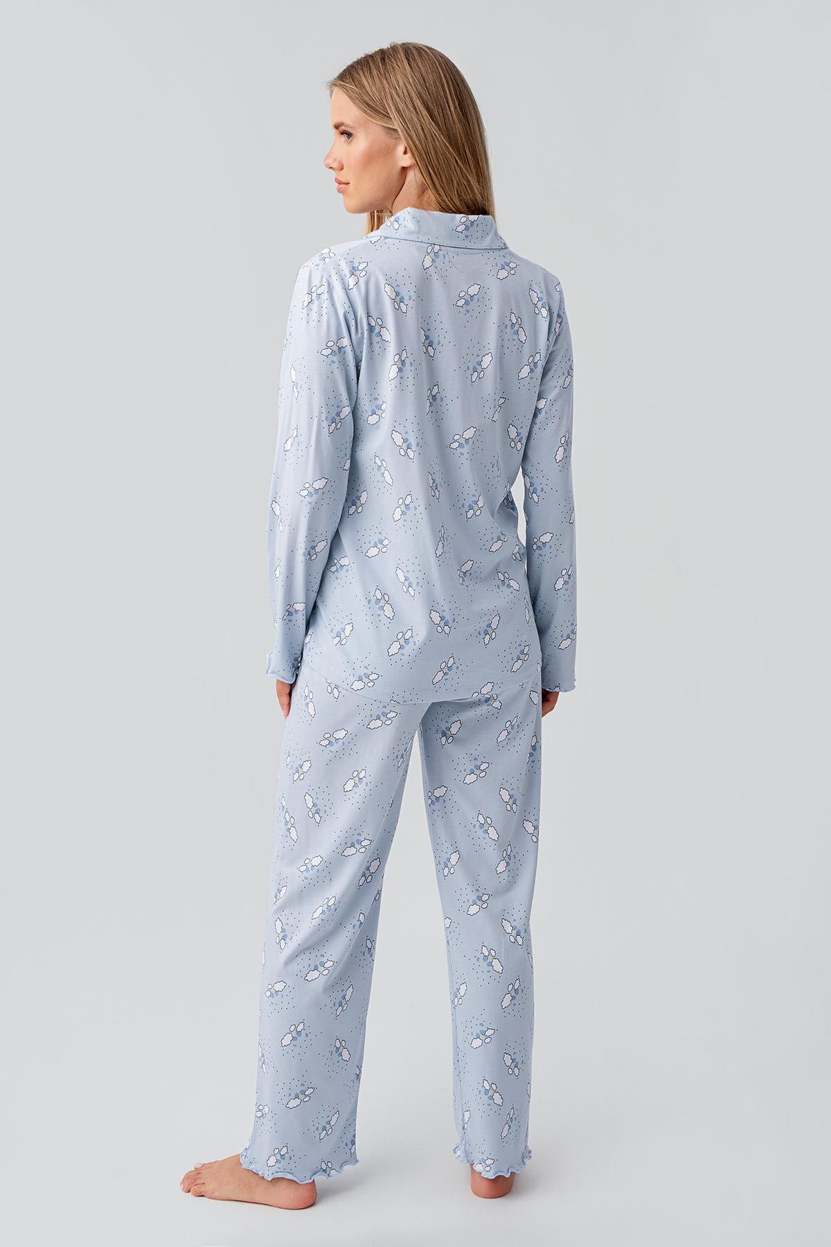 Long Sleeve Patterned Buttoned Flexible Cotton Maternity Pajama Set 18200