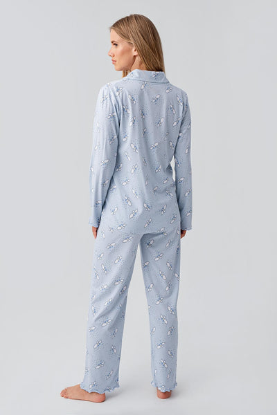 Long Sleeve Patterned Buttoned Flexible Cotton Maternity Pajama Set 18200