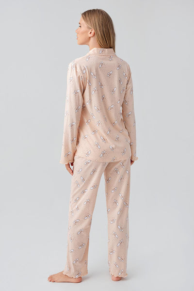 Long Sleeve Patterned Buttoned Flexible Cotton Maternity Pajama Set 18200