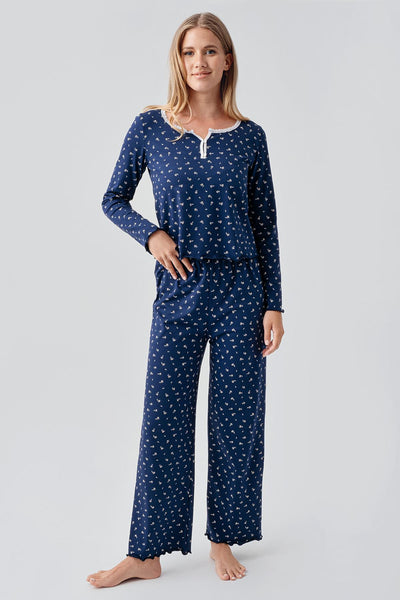 Long Sleeve Patterned Buttoned Flexible Cotton Pajama Set 18202