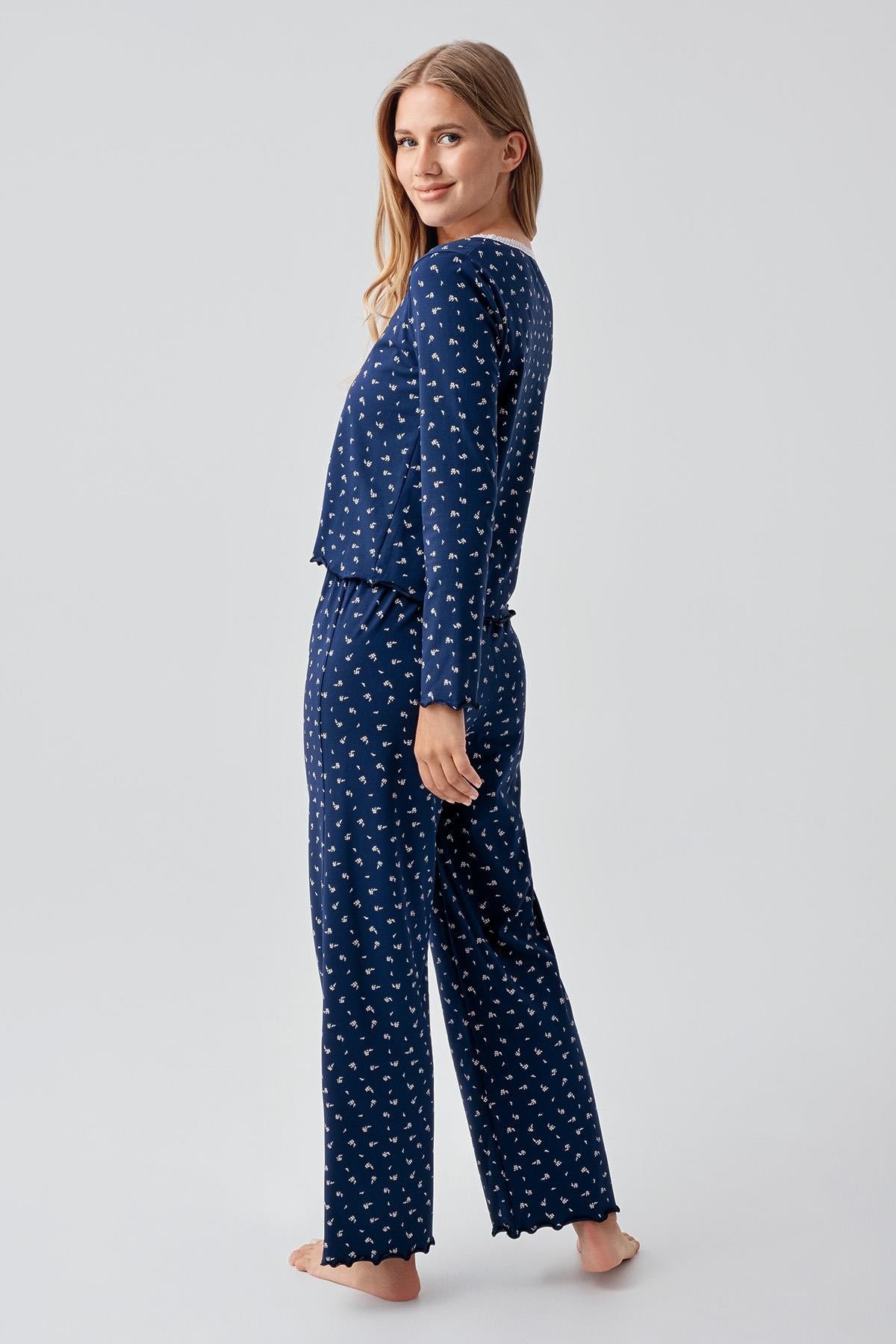 Long Sleeve Patterned Buttoned Flexible Cotton Pajama Set 18202