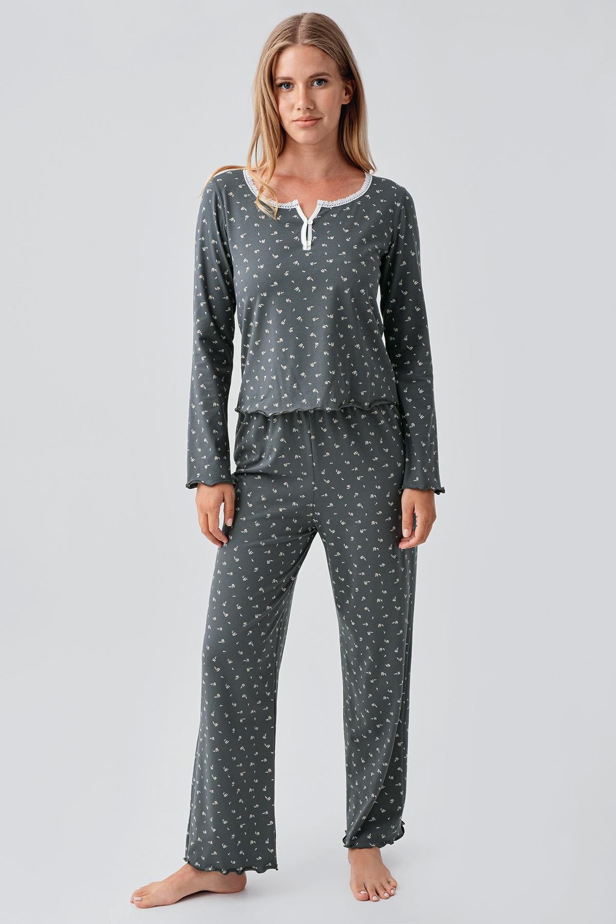 Long Sleeve Patterned Buttoned Flexible Cotton Pajama Set 18202