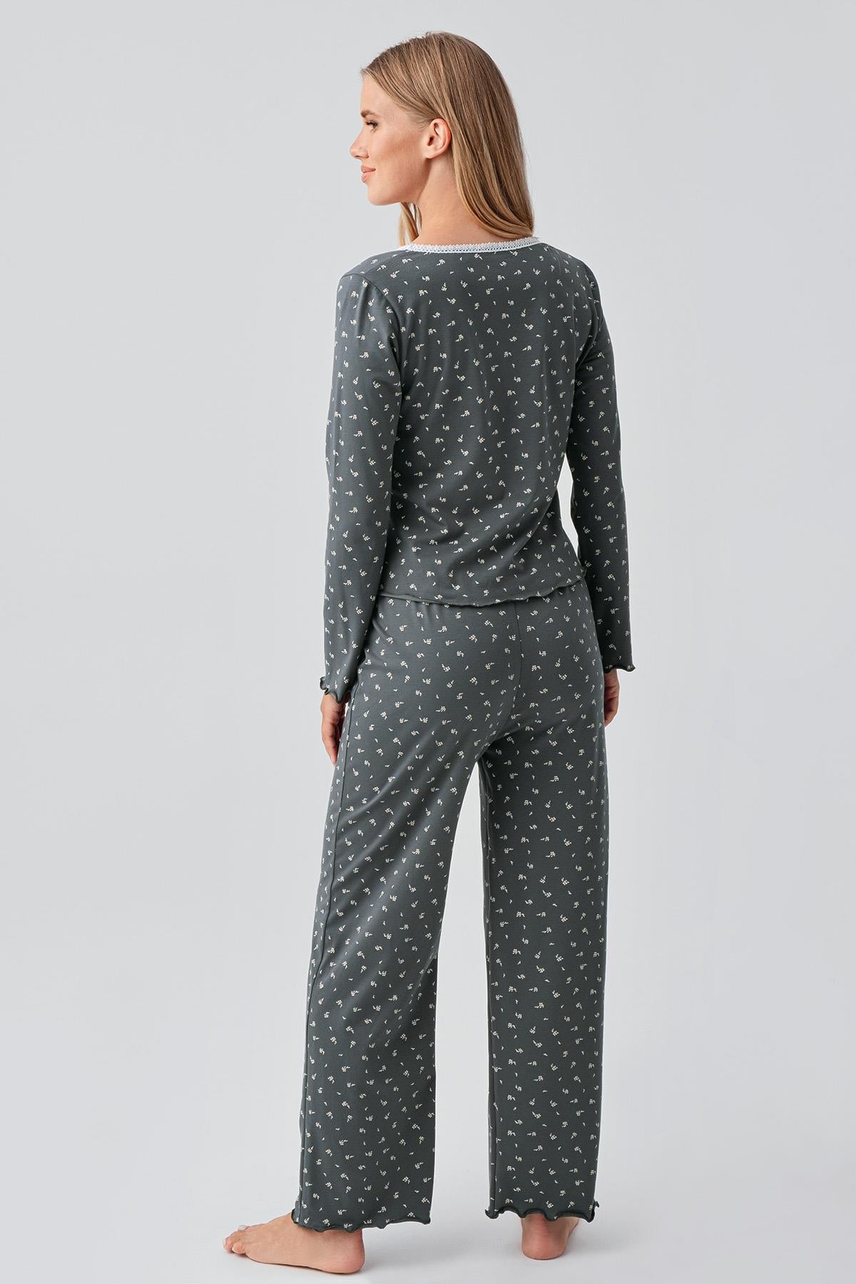 Long Sleeve Patterned Buttoned Flexible Cotton Pajama Set 18202