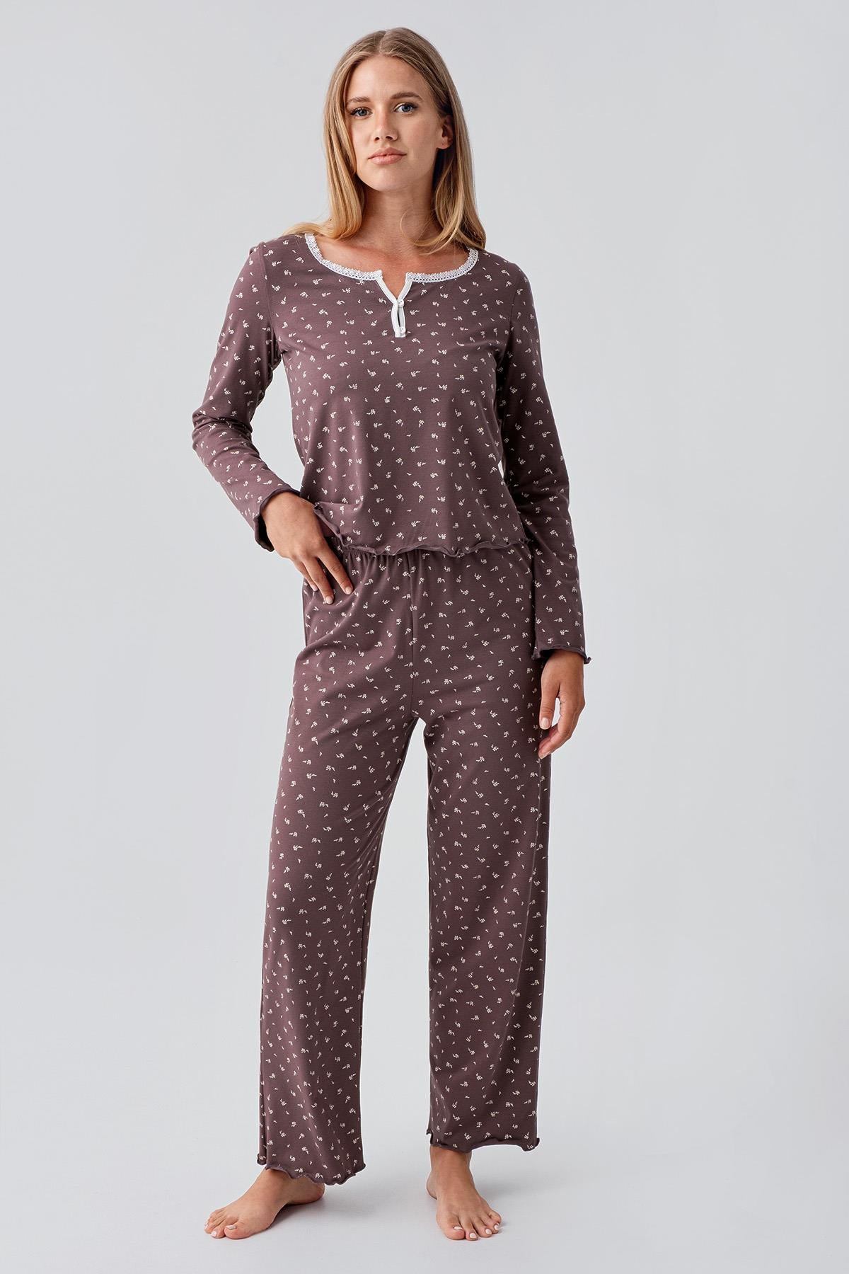 Long Sleeve Patterned Buttoned Flexible Cotton Pajama Set 18202