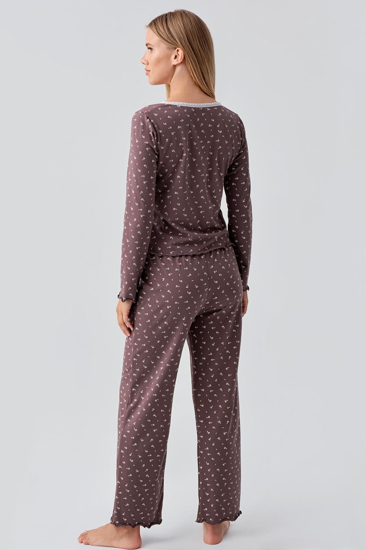 Long Sleeve Patterned Buttoned Flexible Cotton Pajama Set 18202