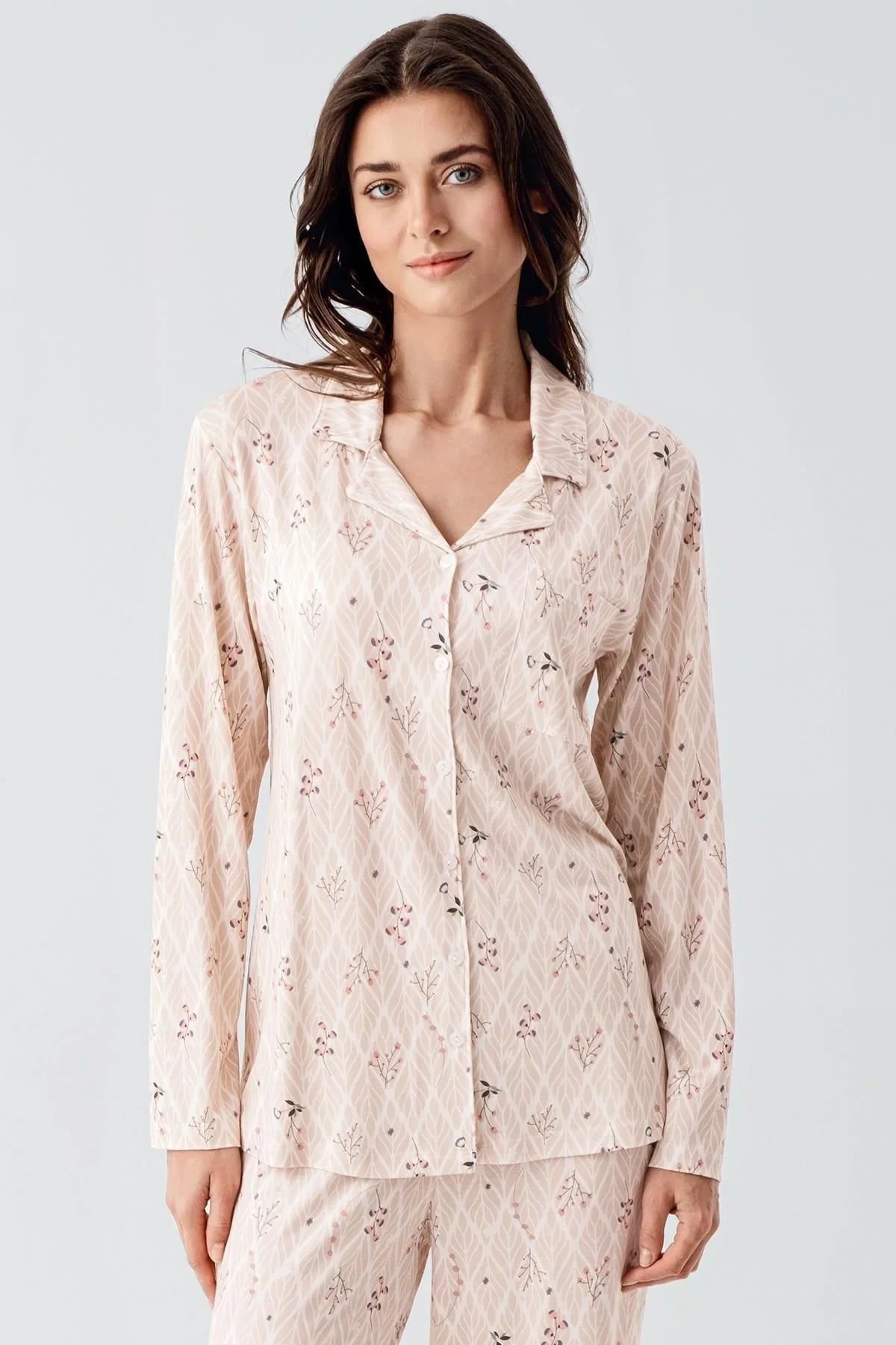 Uzun Kollu Desenli Düğmeli Esnek Viskon Pijama Takım 16213