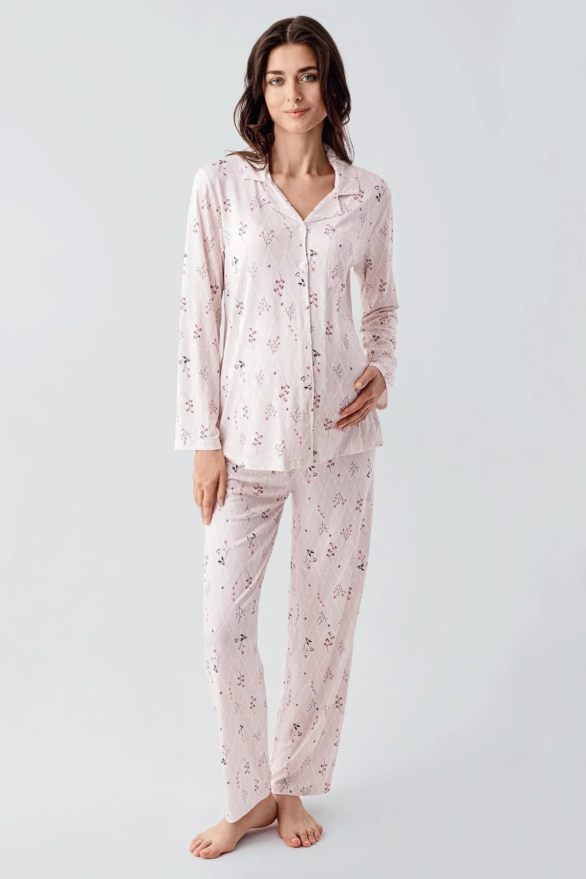 Uzun Kollu Desenli Düğmeli Esnek Viskon Pijama Takım 16213