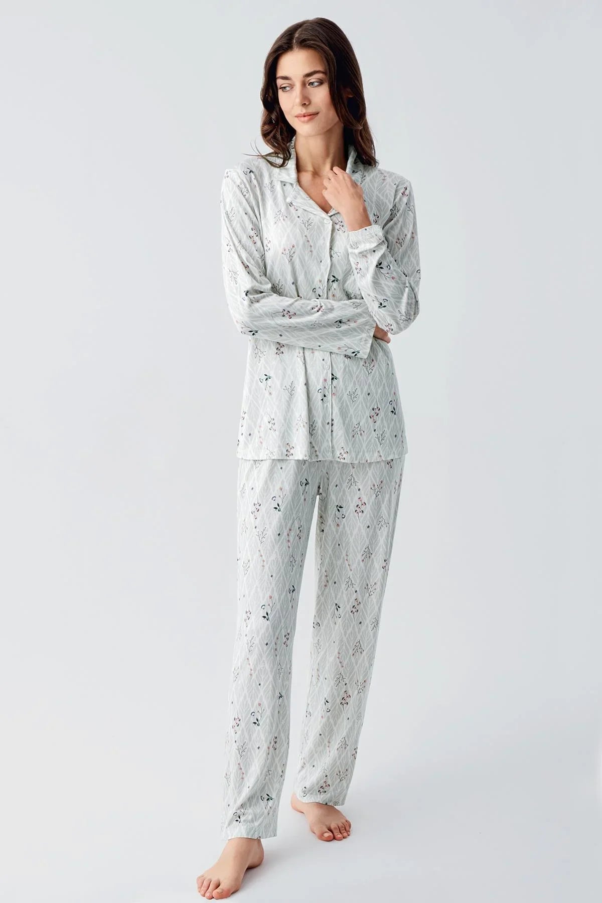 Uzun Kollu Desenli Düğmeli Esnek Viskon Pijama Takım 16213