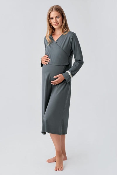 Long Sleeve Patterned Flexible Cotton Maternity Nightgown Set 18401