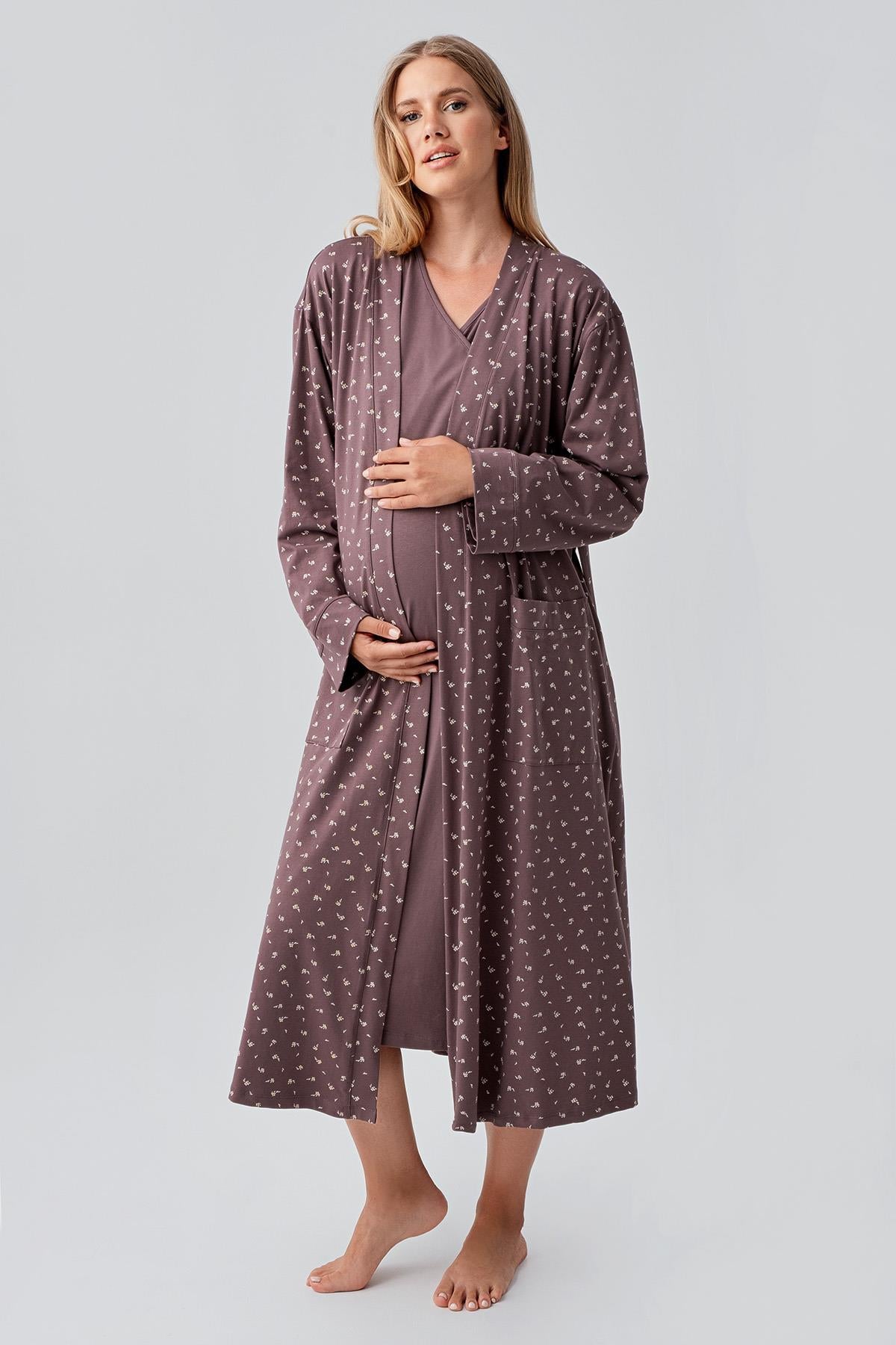 Long Sleeve Patterned Flexible Cotton Maternity Nightgown Set 18401