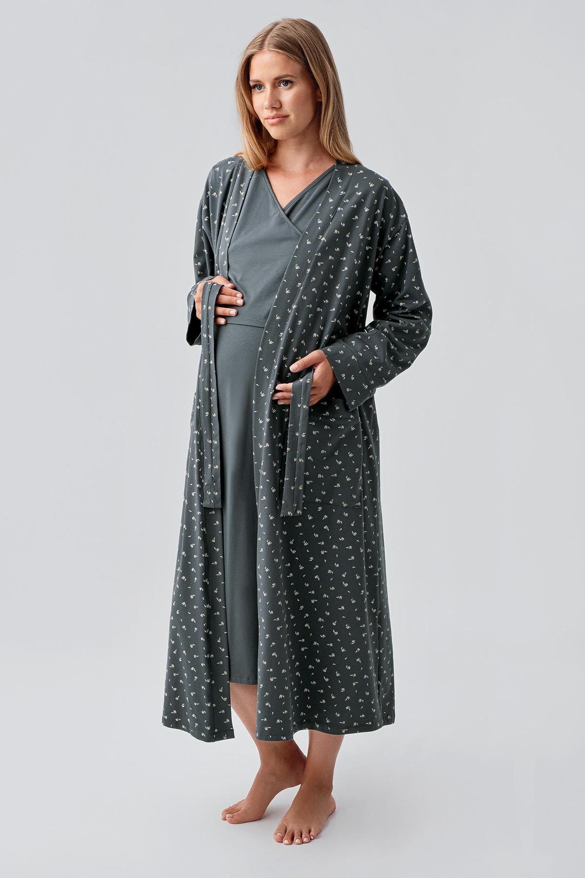 Long Sleeve Patterned Flexible Cotton Maternity Nightgown Set 18401