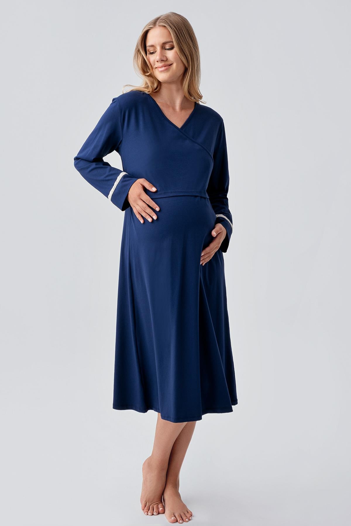 Long Sleeve Patterned Flexible Cotton Maternity Nightgown Set 18401