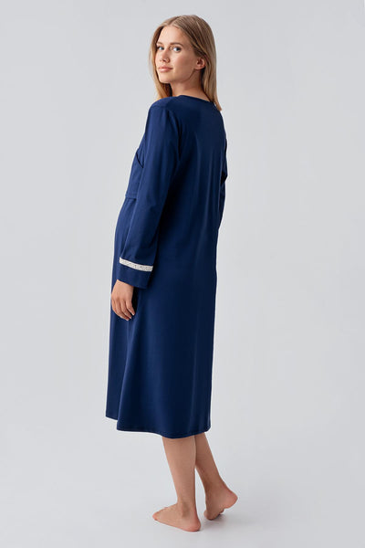 Long Sleeve Patterned Flexible Cotton Maternity Nightgown Set 18401
