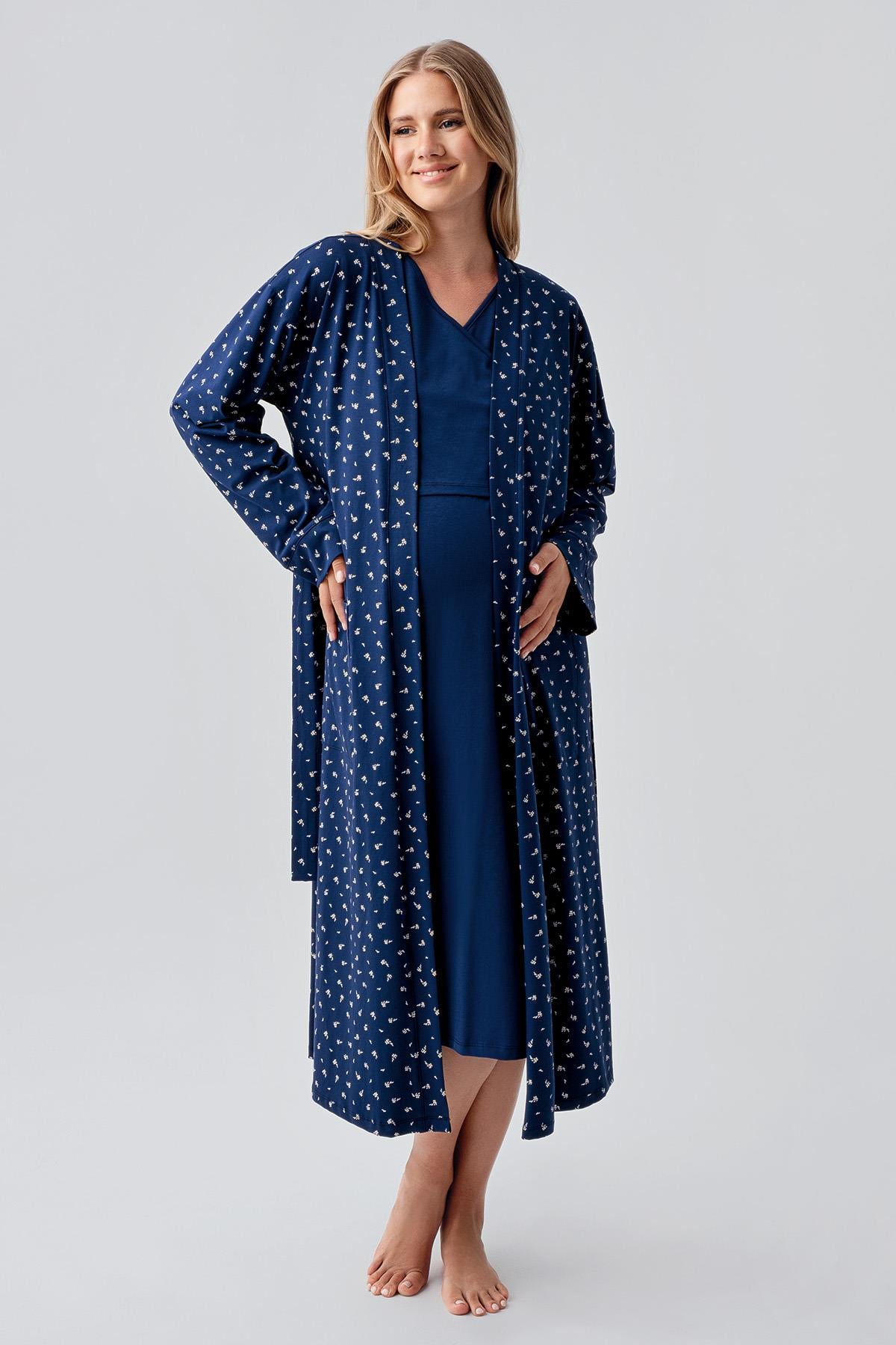 Long Sleeve Patterned Flexible Cotton Maternity Nightgown Set 18401