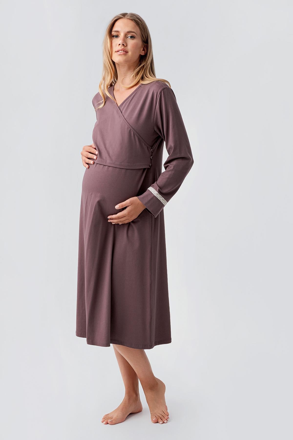 Long Sleeve Patterned Flexible Cotton Maternity Nightgown Set 18401