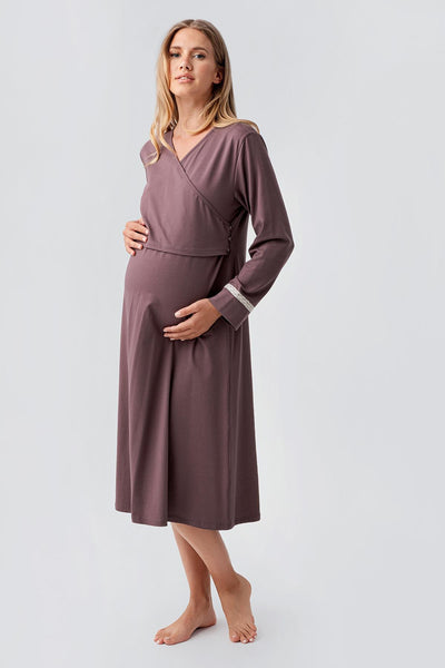 Long Sleeve Patterned Flexible Cotton Maternity Nightgown Set 18401