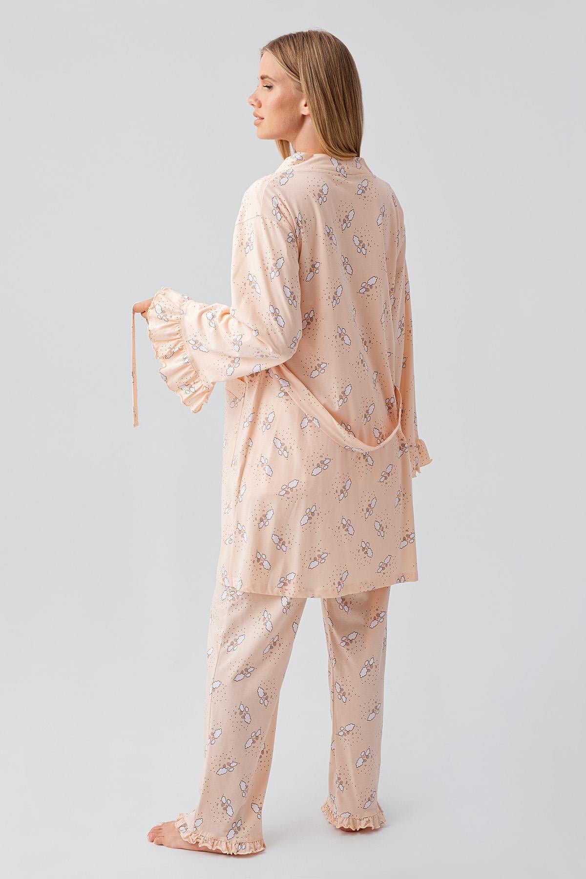 Uzun Kollu Desenli Esnek Pamuklu Hamile Sabahlık Pijama Takım 18300