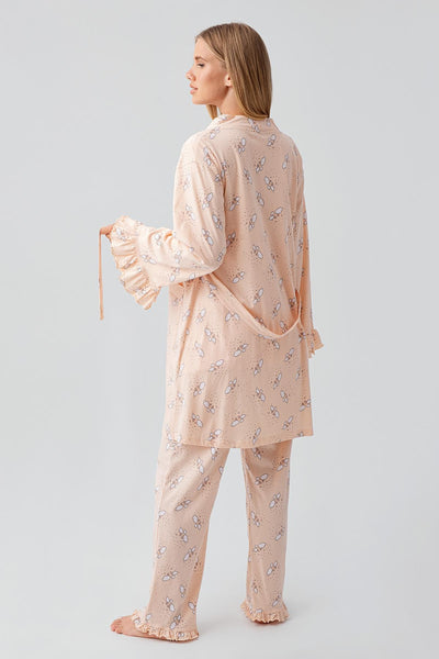 Uzun Kollu Desenli Esnek Pamuklu Hamile Sabahlık Pijama Takım 18300