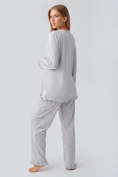 Uzun Kollu Desenli Esnek Pamuklu Hamile Sabahlık Pijama Takım 18300