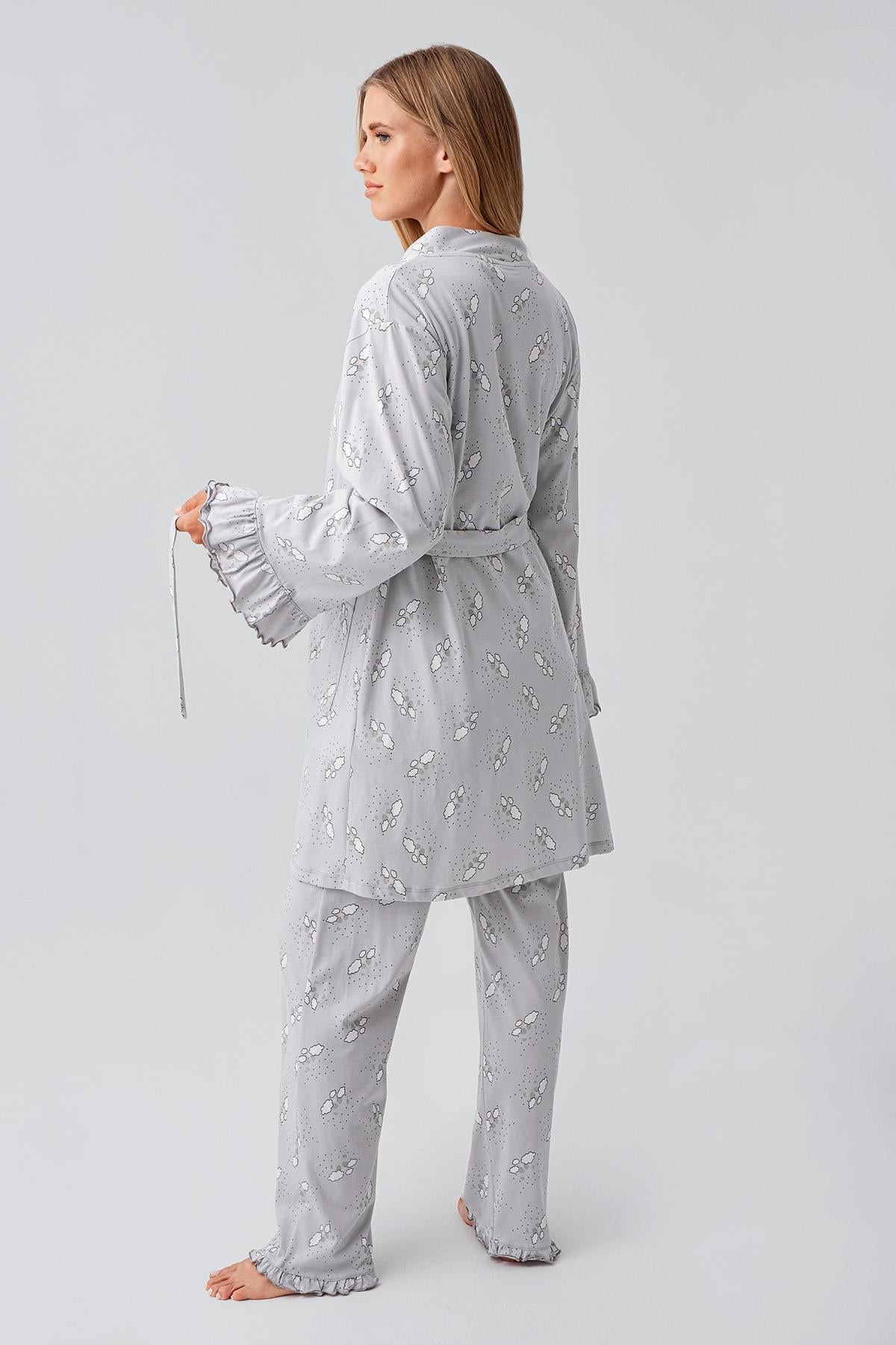 Uzun Kollu Desenli Esnek Pamuklu Hamile Sabahlık Pijama Takım 18300