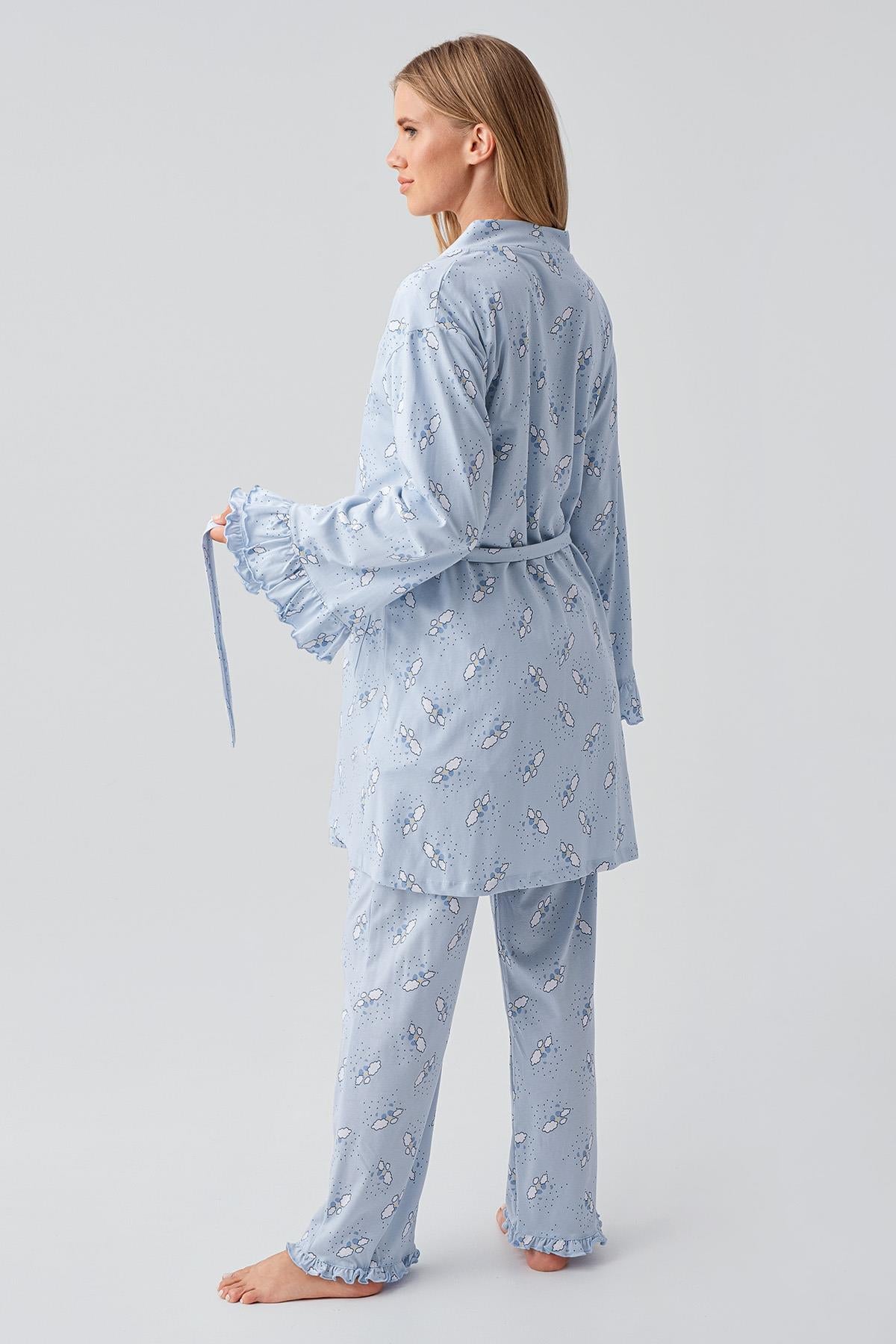 Uzun Kollu Desenli Esnek Pamuklu Hamile Sabahlık Pijama Takım 18300
