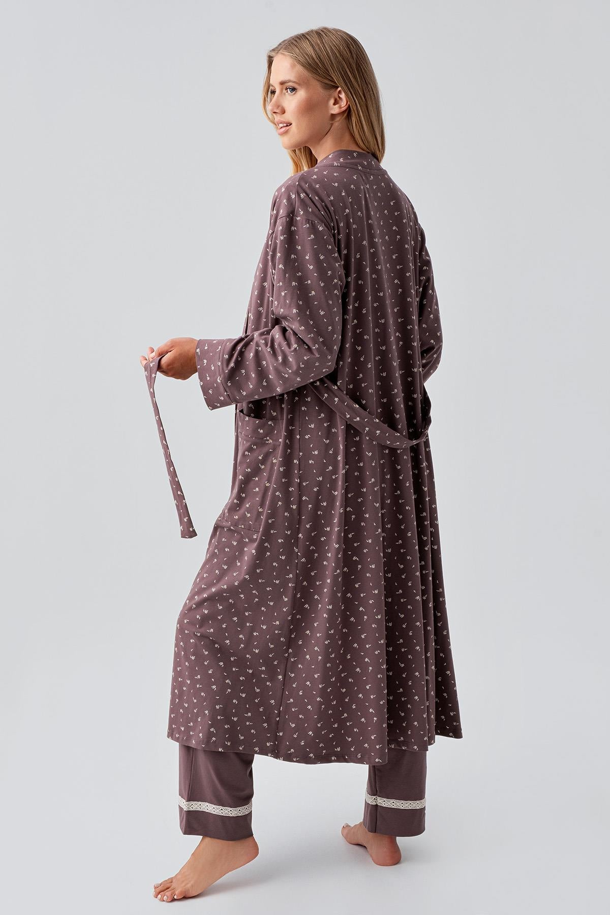 Long Sleeve Patterned Flexible Cotton Maternity Dressing Gown Pajama Set 18301