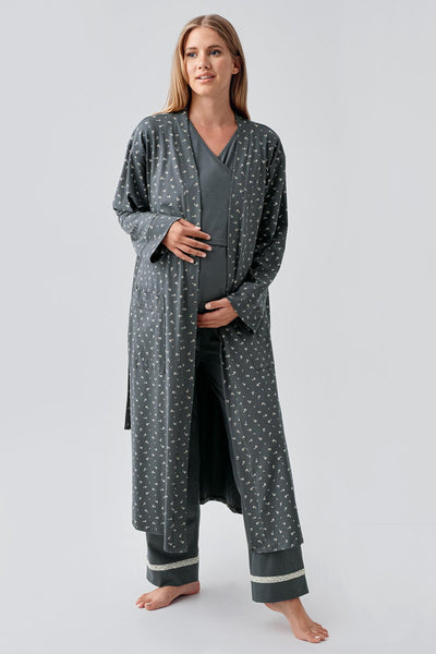 Long Sleeve Patterned Flexible Cotton Maternity Dressing Gown Pajama Set 18301