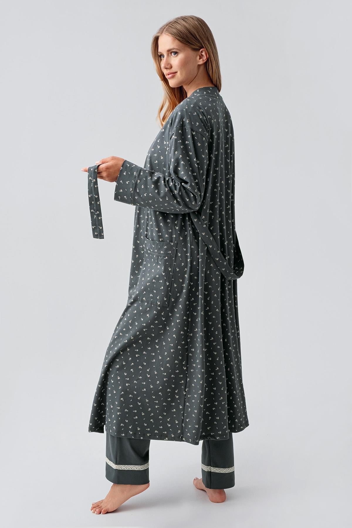 Long Sleeve Patterned Flexible Cotton Maternity Dressing Gown Pajama Set 18301