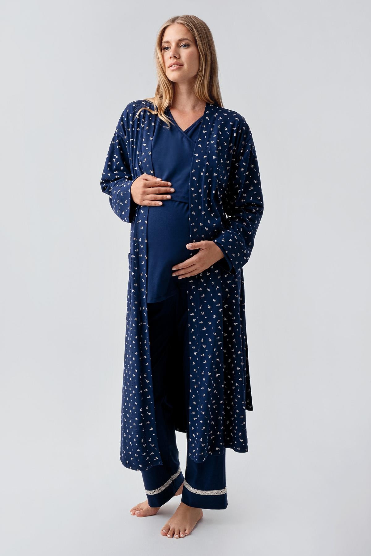 Long Sleeve Patterned Flexible Cotton Maternity Dressing Gown Pajama Set 18301