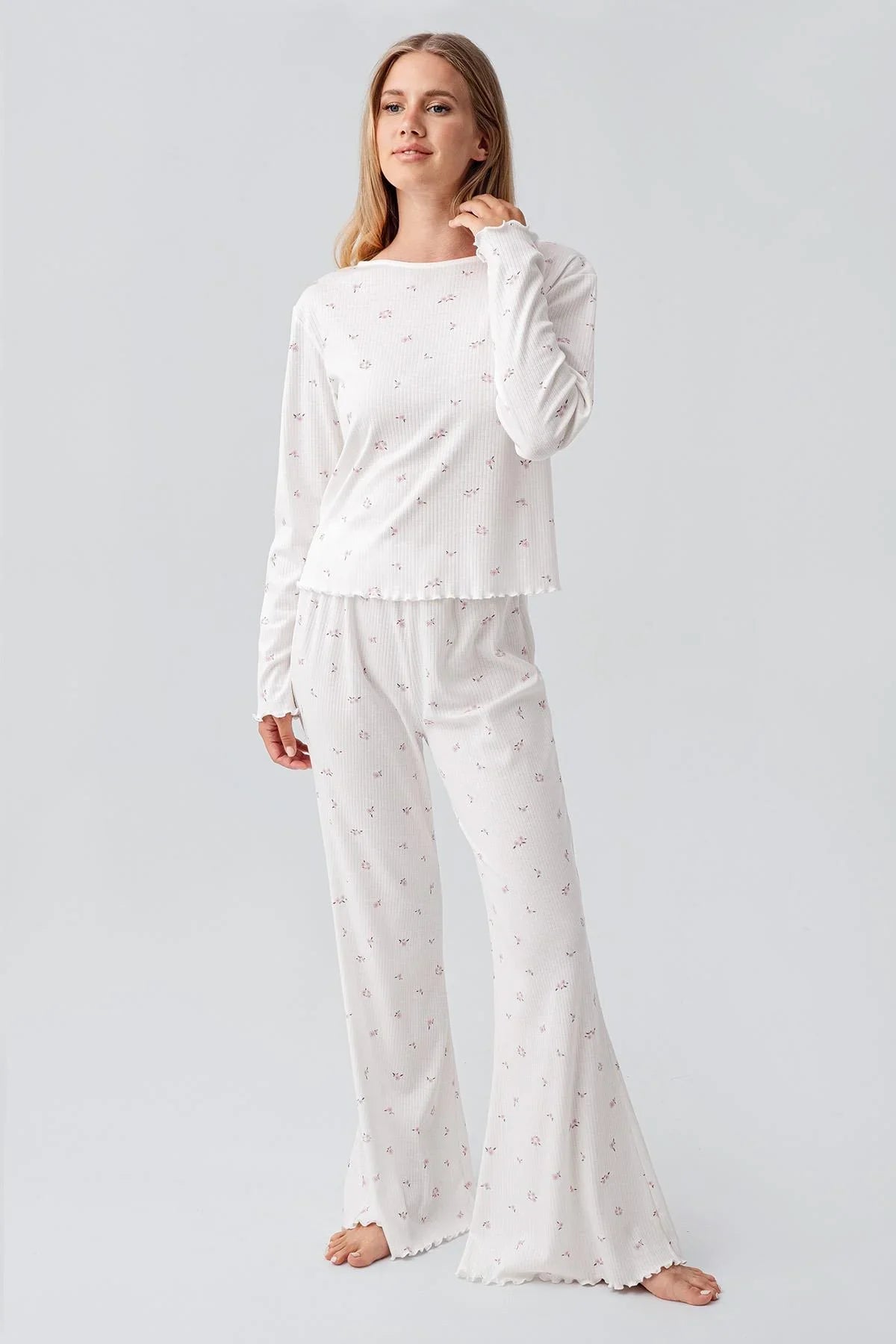 Long Sleeve Patterned Flexible Cotton Pajama Set 18219
