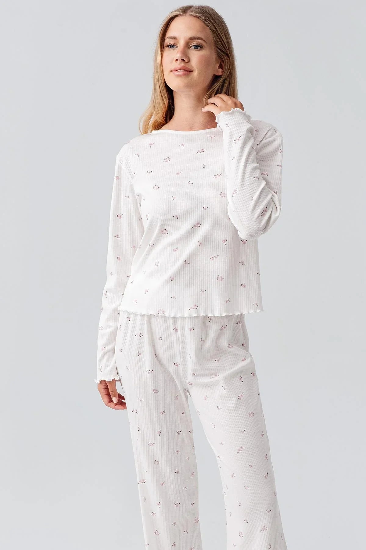 Long Sleeve Patterned Flexible Cotton Pajama Set 18219