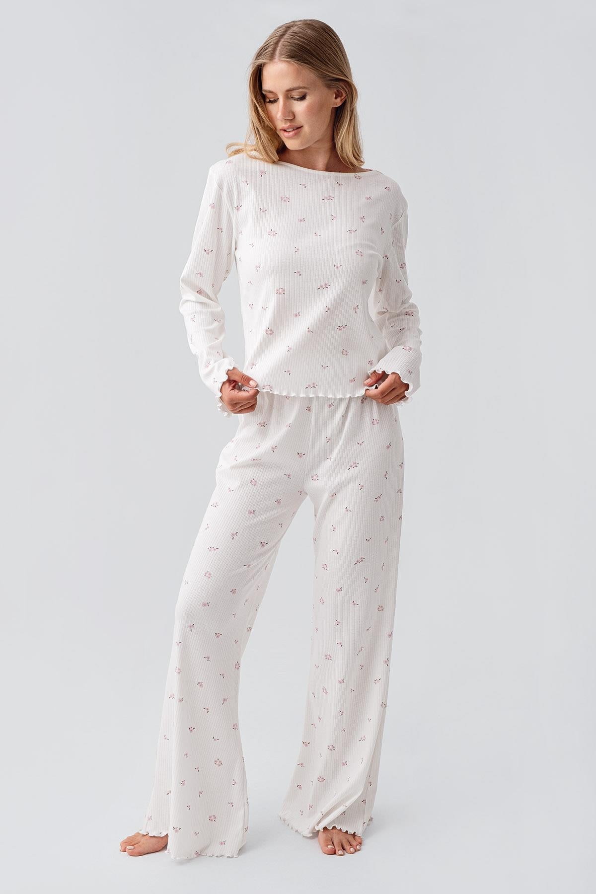 Uzun Kollu Desenli Esnek Pamuklu Pijama Takım 18219