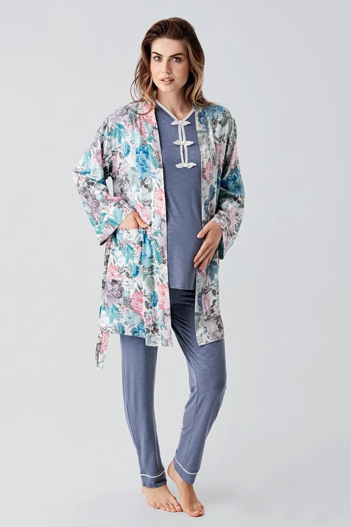 Long Sleeve Patterned Flexible Viscose Woven Maternity Dressing Gown Pajama Set 23108