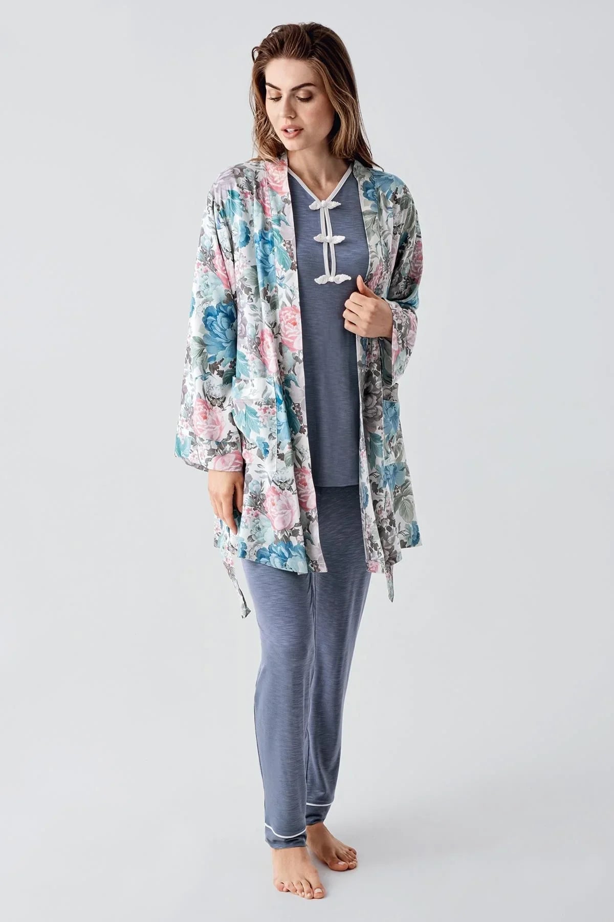 Uzun Kollu Desenli Esnek Viskoz Dokuma Hamile Sabahlık Pijama Takım 23108 - Artış Collection