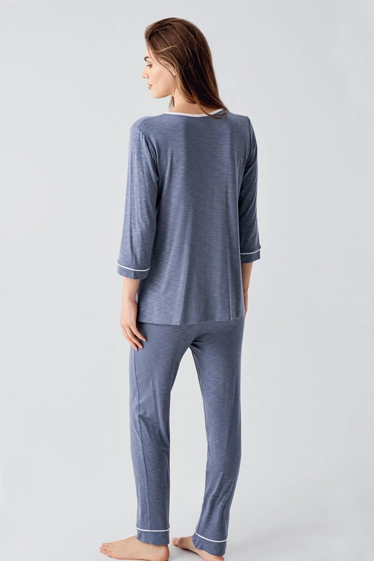 Uzun Kollu Desenli Esnek Viskoz Dokuma Hamile Sabahlık Pijama Takım 23108 - Artış Collection