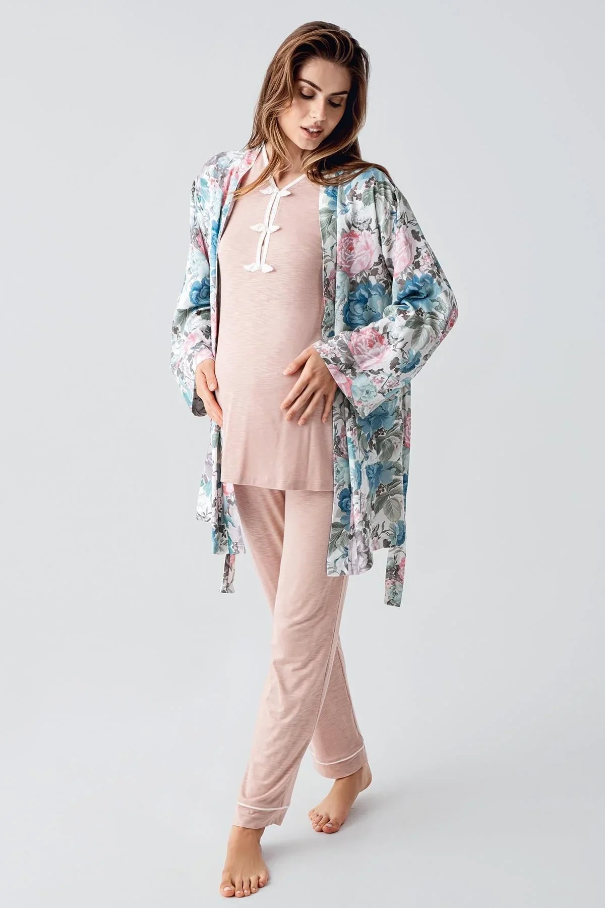 Uzun Kollu Desenli Esnek Viskoz Dokuma Hamile Sabahlık Pijama Takım 23108 - Artış Collection