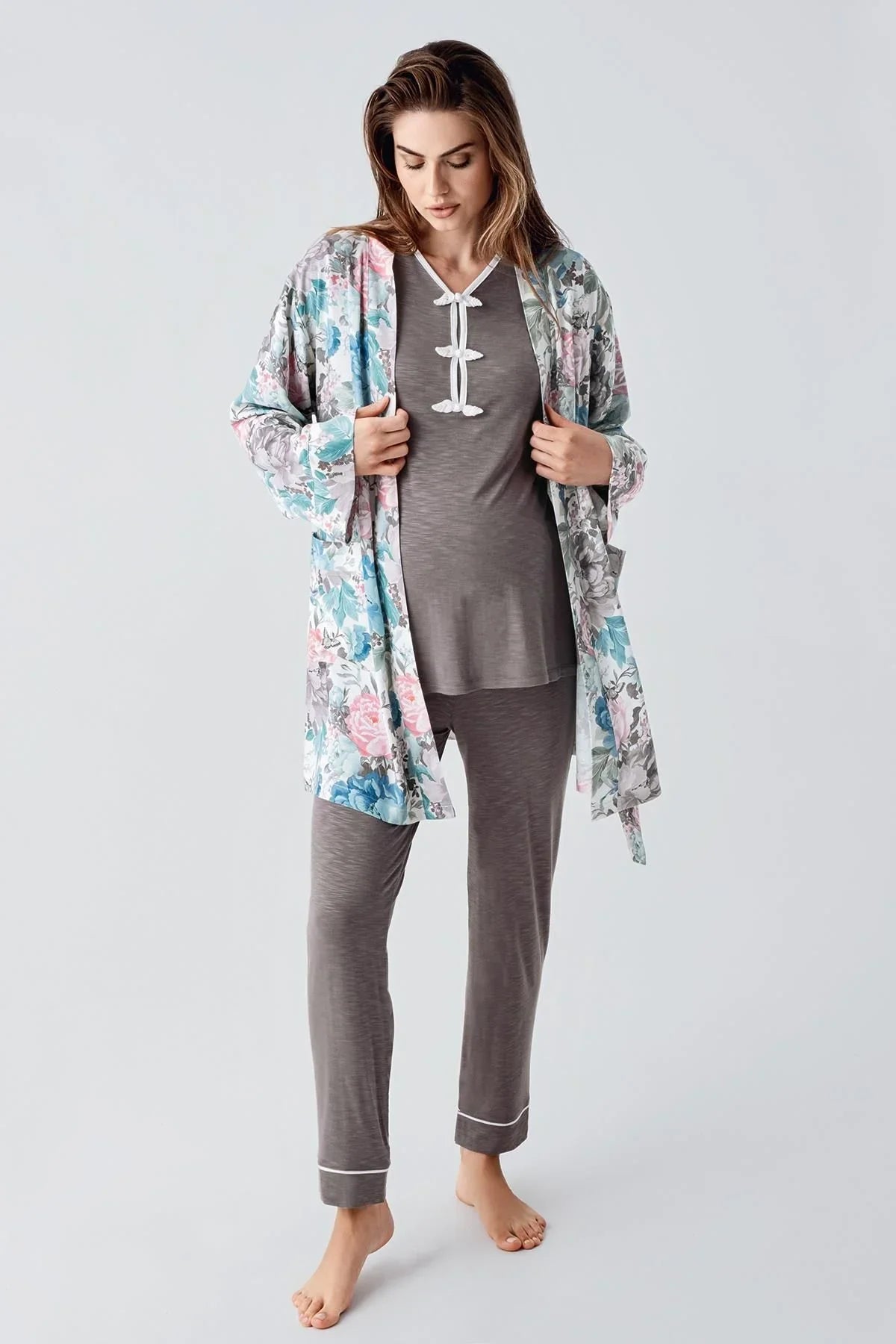 Uzun Kollu Desenli Esnek Viskoz Dokuma Hamile Sabahlık Pijama Takım 23108 - Artış Collection