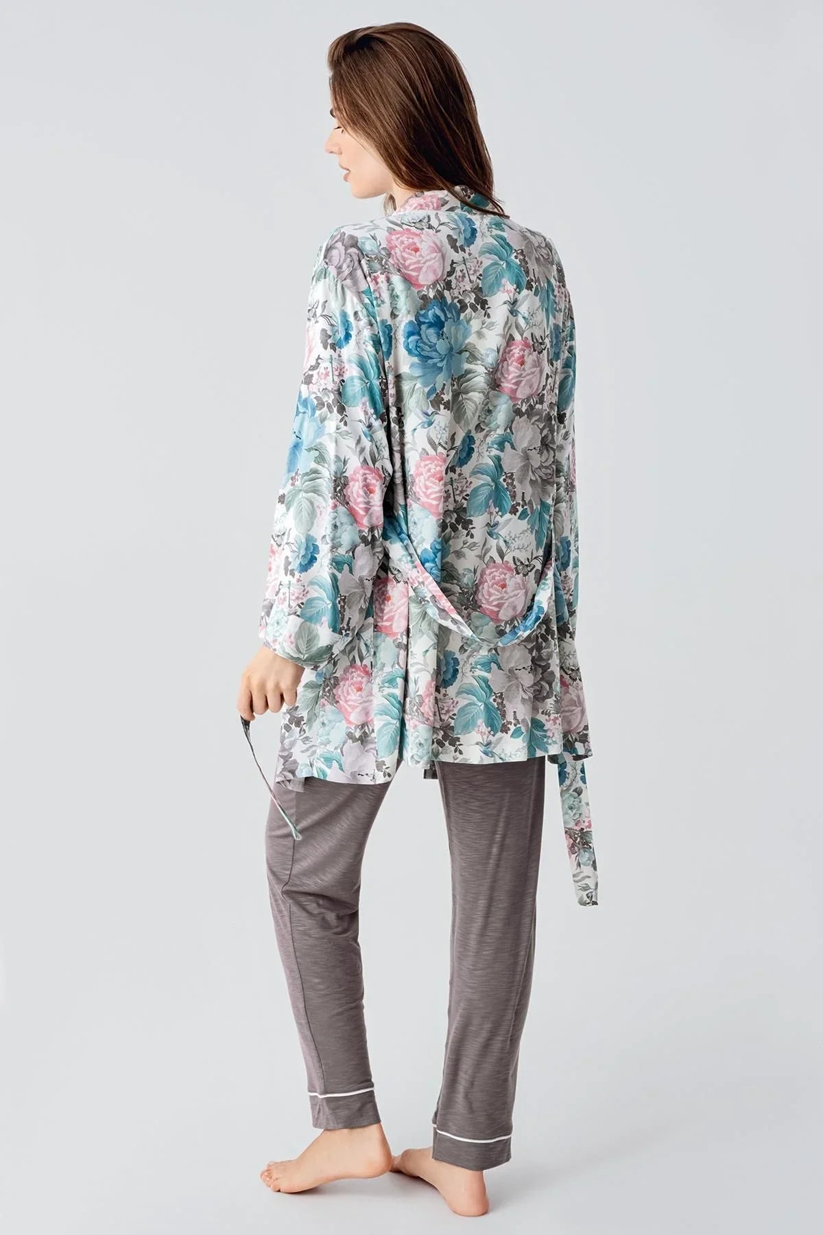 Uzun Kollu Desenli Esnek Viskoz Dokuma Hamile Sabahlık Pijama Takım 23108 - Artış Collection