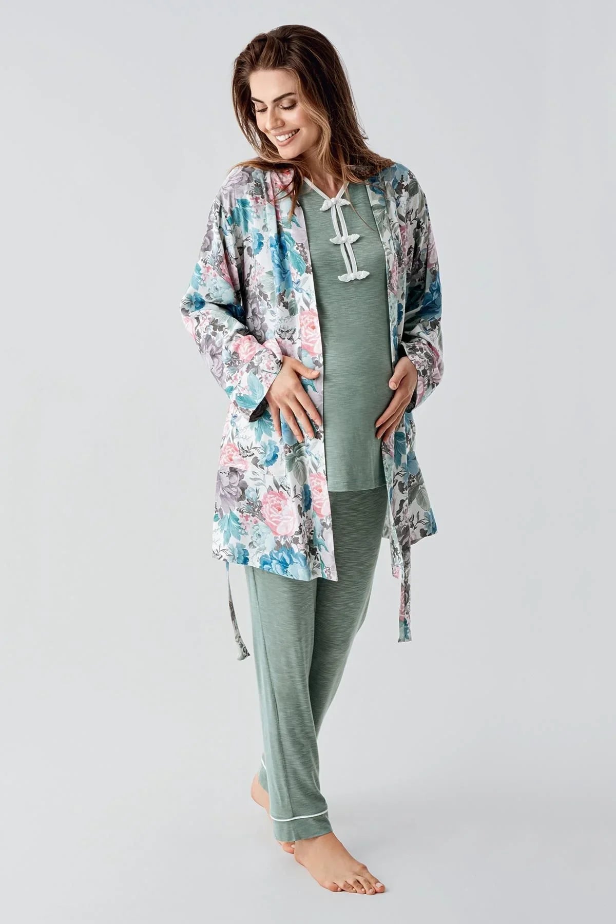 Uzun Kollu Desenli Esnek Viskoz Dokuma Hamile Sabahlık Pijama Takım 23108 - Artış Collection