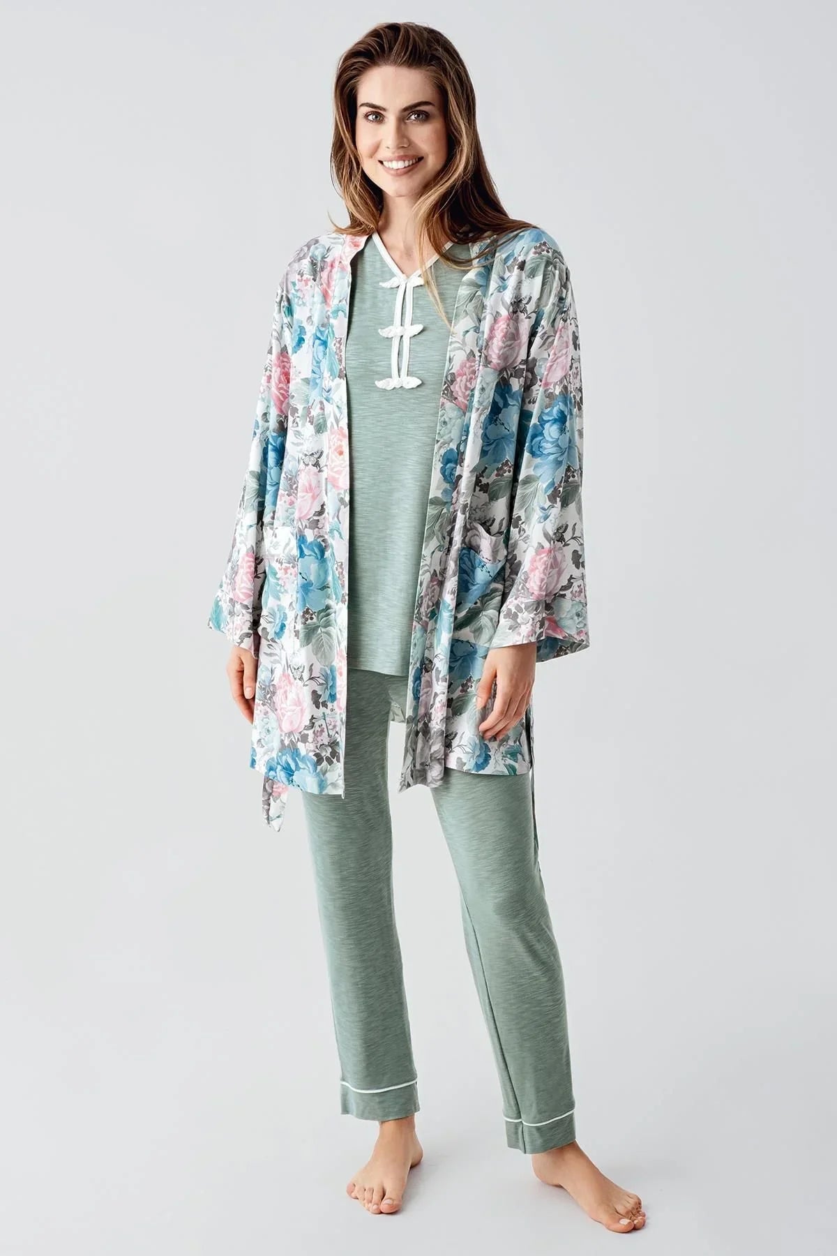 Uzun Kollu Desenli Esnek Viskoz Dokuma Hamile Sabahlık Pijama Takım 23108 - Artış Collection