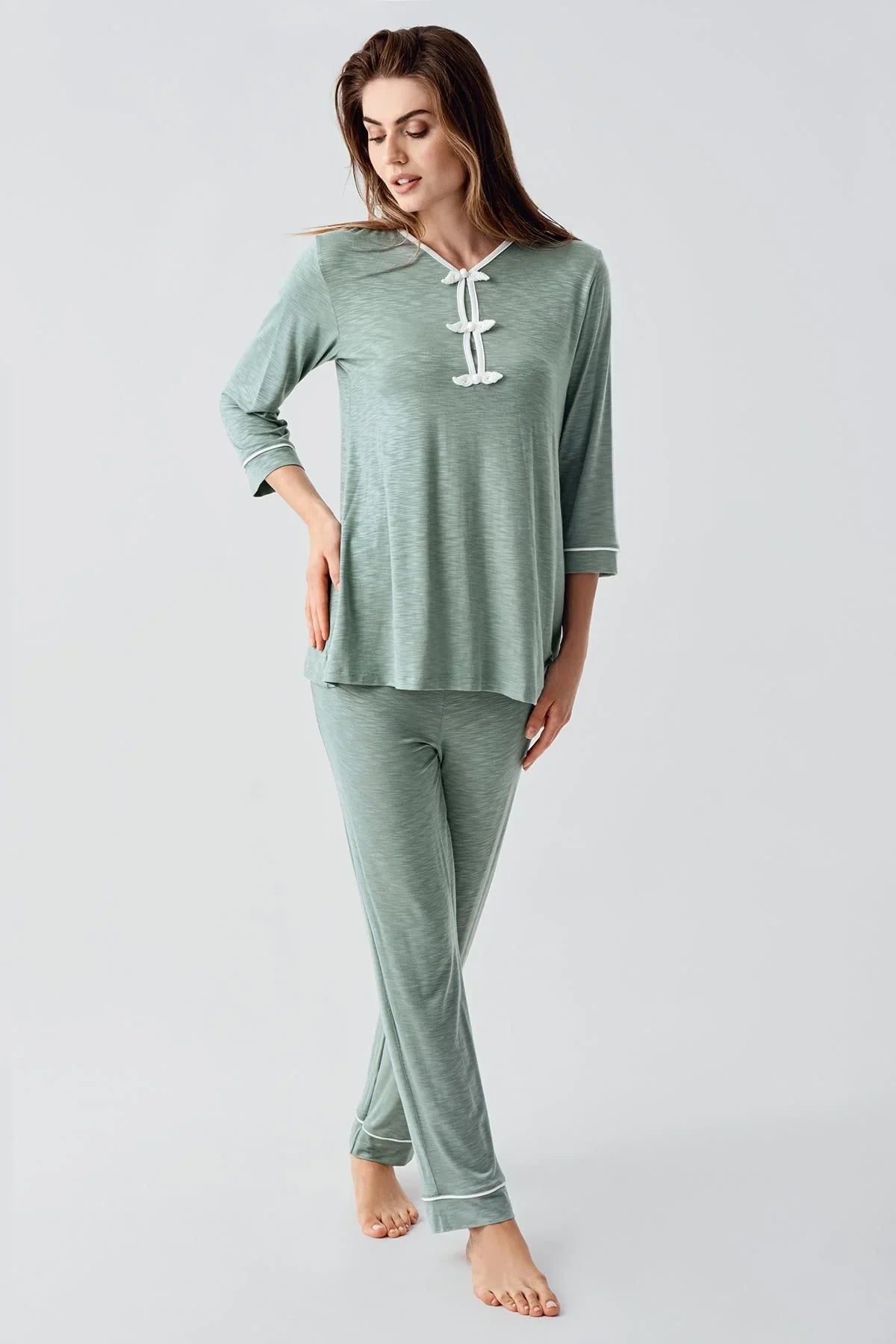 Uzun Kollu Desenli Esnek Viskoz Dokuma Hamile Sabahlık Pijama Takım 23108 - Artış Collection