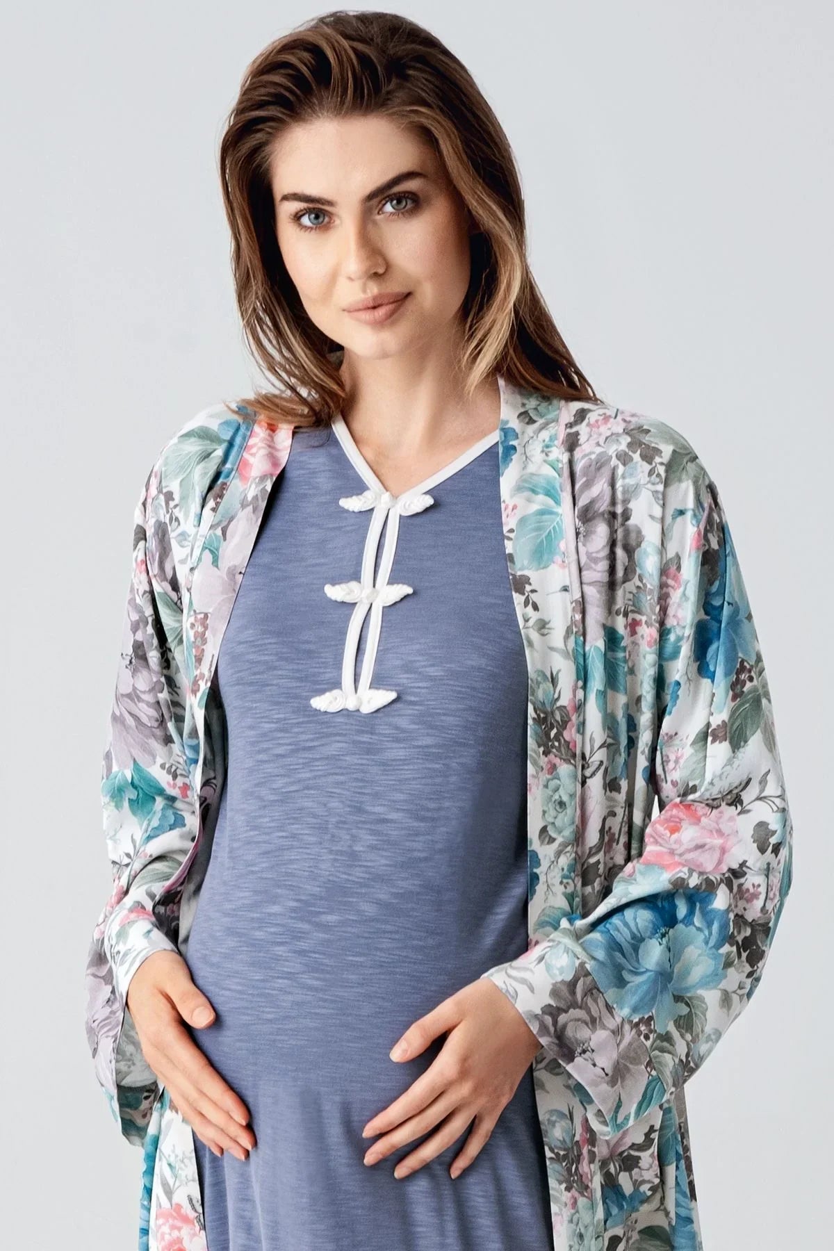 Uzun Kollu Desenli Viskon Hamile Sabahlık Gecelik Takım  24108