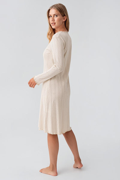 Long Sleeve Buttoned Openwork Flexible Cotton Short Nightgown 18107